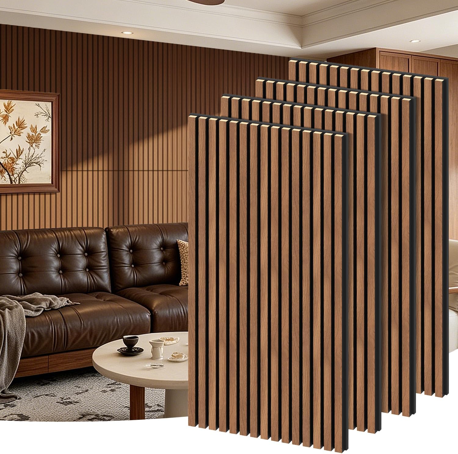 RITOLLO 4 Pack Wood Panels for Wall - 47.2"×23.6" Wood Slat Acoustic Panels for Wall, Soundproof Panels, 3D Fluted Panels for Interior Wall Decor (Walnut)
