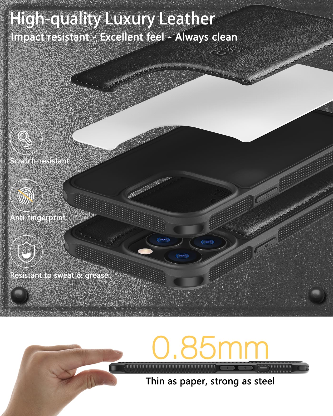 ONES for iPhone 12 Pro Max PU Leather Case 『 Shockproof Military Grade Protection Airbags 』『 Anti-fingerprint 』『 TPU Bumper Non-slip 』『Wireless Charging』 Sturdy Impact Absorb Shockproof Hard Cover - Image 4