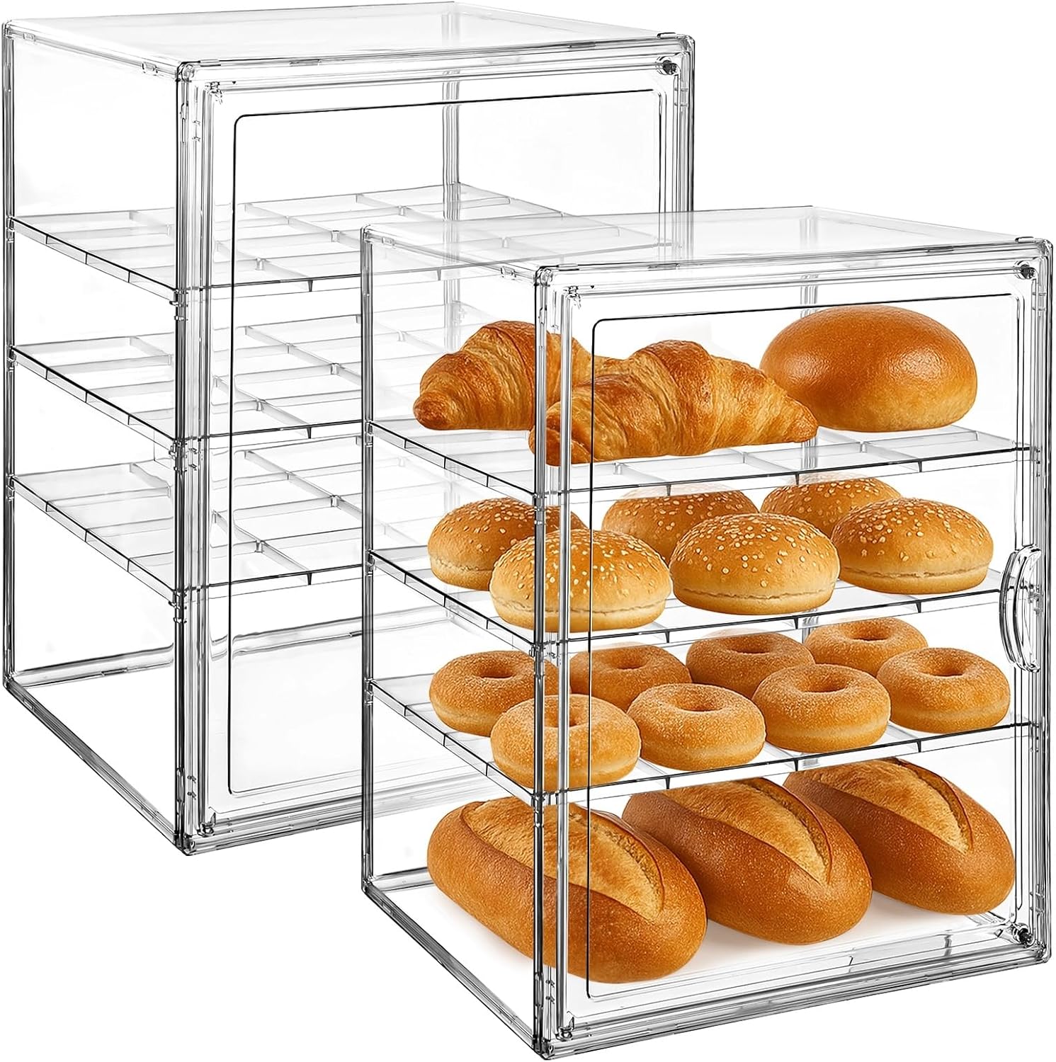 Homaisson 2 PCS Acrylic Bakery Display Cases, 4-Tier Adjustable Bread Box with Adsorptive Door, Clear Pastry Storage Container for Bread, Cupcakes, Pastry for Kitchen and Bakery Use