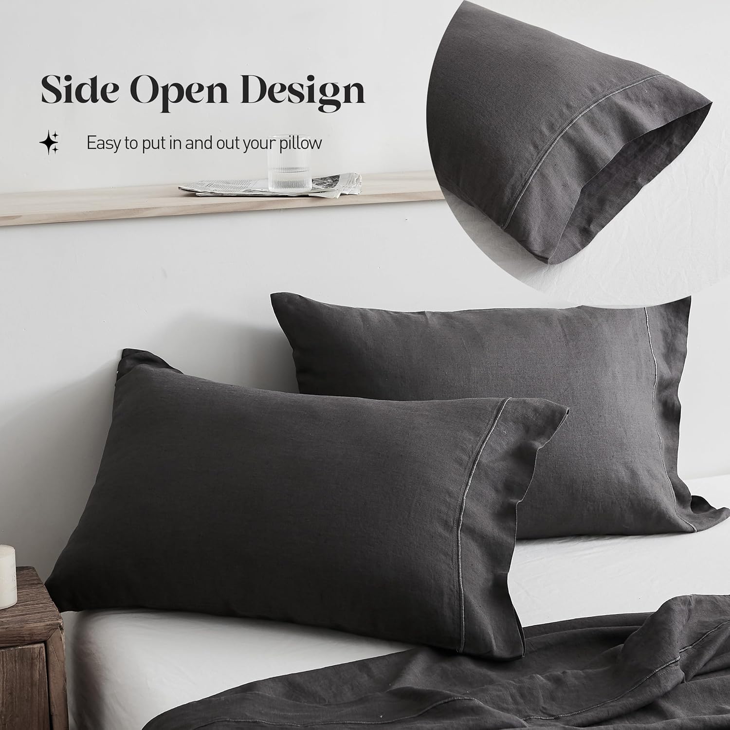 Simple&Opulence 100% Pure Linen Sheet Set King Size, Natural French Flax Solid Color 4 Pcs Washed Breathable, Farmhouse Bedding (1 Flat Sheet,1 Fitted Sheet,2 Pillowcases)-Embroidery Dark Grey