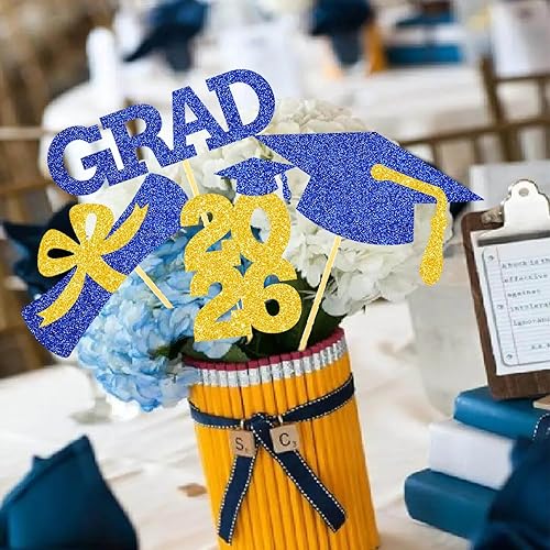 Miniatura 3 de Centro de mesa azul dorado para decoración de graduación, decoración de mesa de graduación con purpurina, suministros de felicitaciones, 16 piezas
