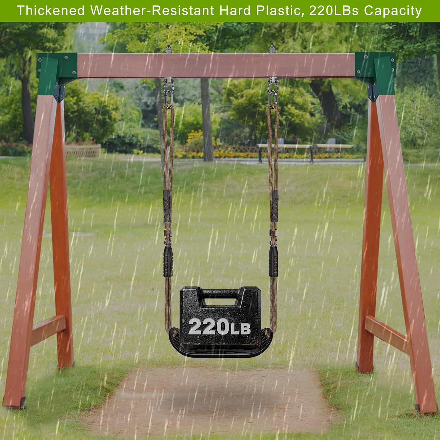 BeneLabel Heavy Duty Swing Seat with Adjustable Rope Plastic Tree Swing Seats for Kids Black Swingset Seat Replacement for Outside Swing Set, Backyard, Playground, Indoor Playhouse - 220LB Capacity