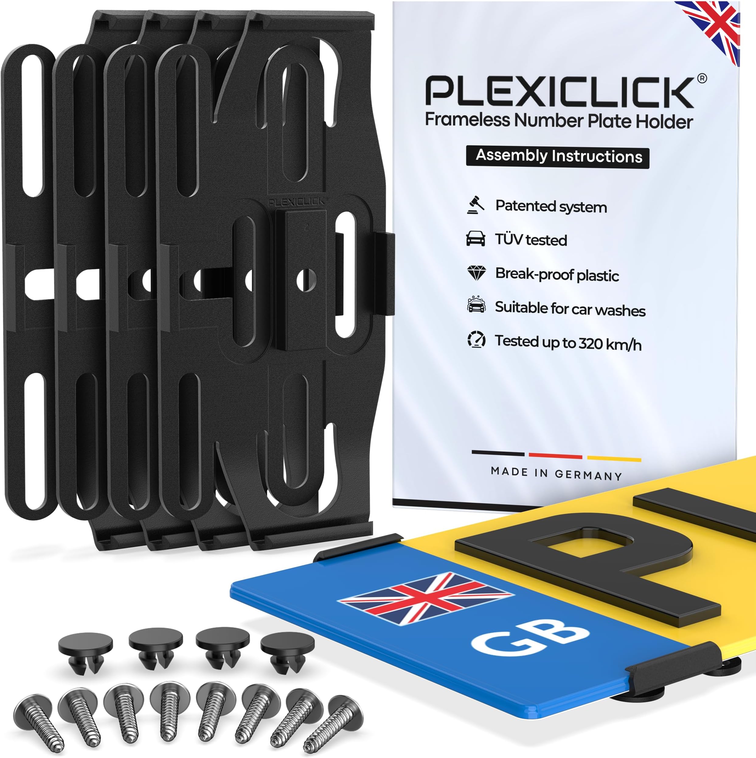 PLEXICLICK® 4x Number Plate Holder - Black - Frameless Number Plate Clips For Acrylic UK Number Plates - Universal Reg Plate Holder - Strong & Secure License Plate Holder - 100% Made In Germany