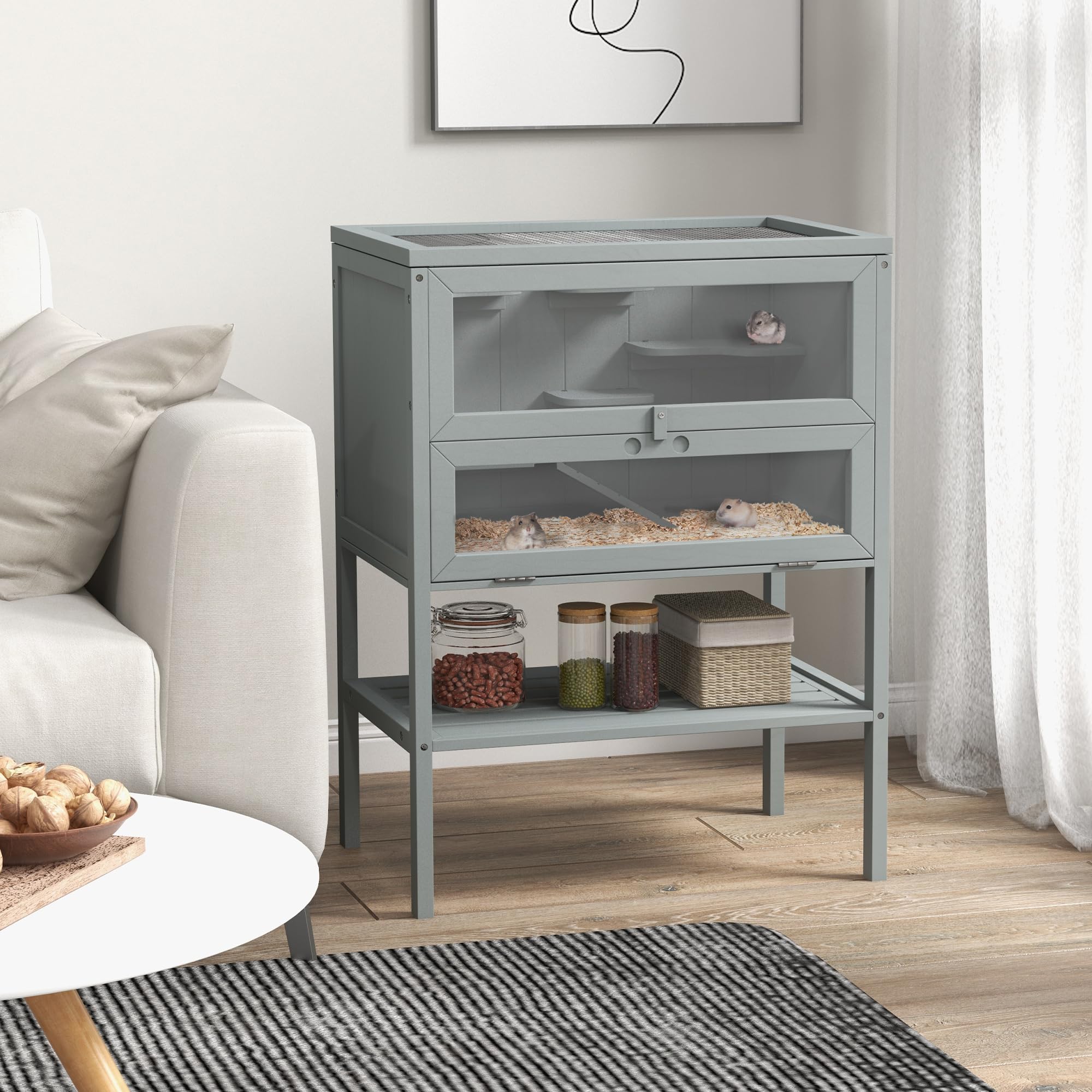 PawHut Jaula de Madera para Hámster con Estante 60x40x80 cm Gris | Casa de juego para animales pequeños, jaula para jerbo, techo abrible, rampa, para jerbos, hámsteres enanos