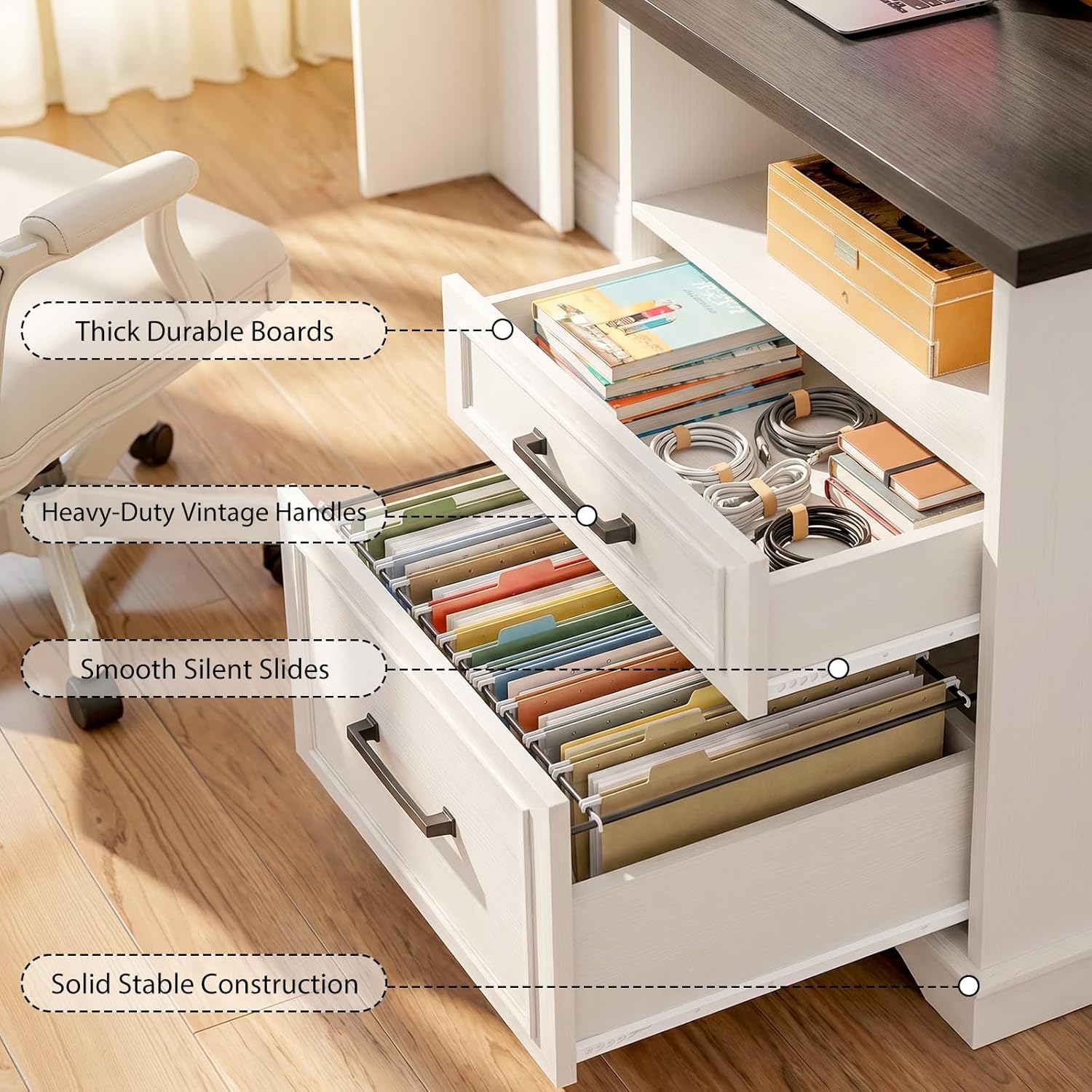 Foxemart L Shaped Desk with Power Outlets and USB Ports, 59" Corner Computer Desk with Storage Drawers & Cabinet, Heavy Duty Workstation for Home Office & Gaming, White & Black