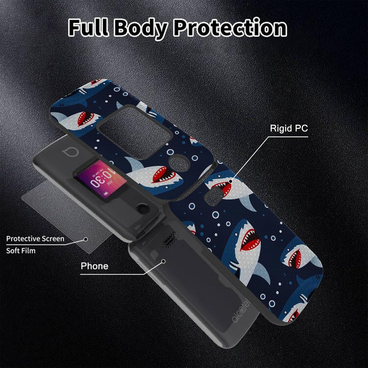 Case for Alcatel Go Flip 4 / TCL Flip Pro/TCL Classic Phone with Screen Protector for Women Slim Hard Shell Protector Cover with Non-Slip Textured Phone Cover,Cartoon Shark image 4