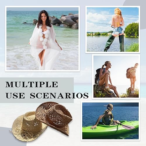 Miniatura 6 de Sombreros de vaquero de paja para mujer, sombrero de vaquera occidental brillante para fiestas de vacaciones, sombrero de sol plegable para