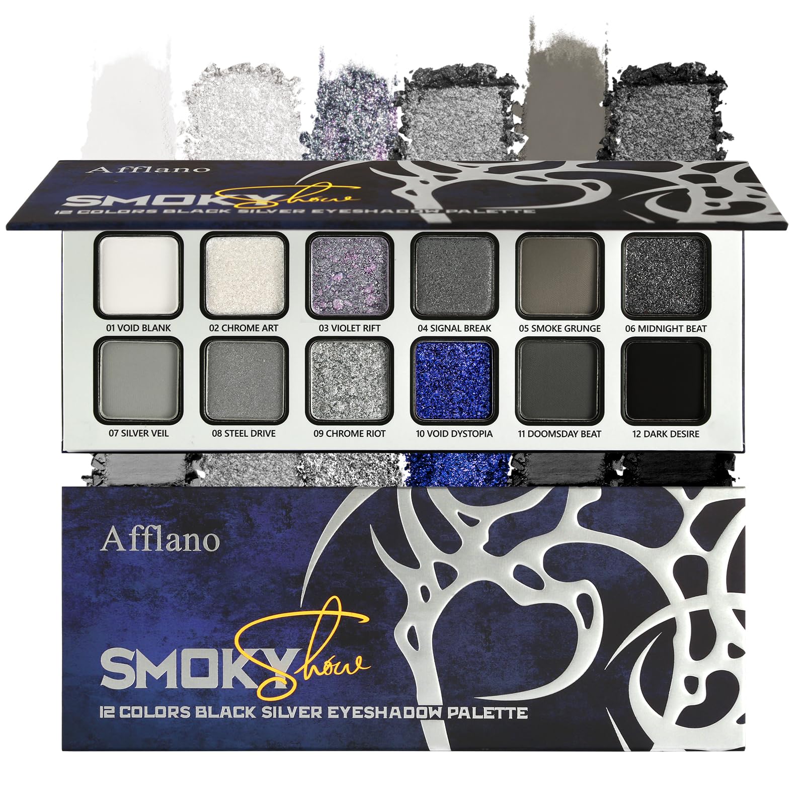 Afflano Smoky Eyeshadow Palette, Dark Black Grey Silver Blue Matte Shimmer Metallic Eye Shadow, Glitter Natural High Pigmented Long Lasting 12 Color Eye Palette for Goth Smoky Punk Emo Makeup, Vegan Smoky,Black Grey Silver Blue