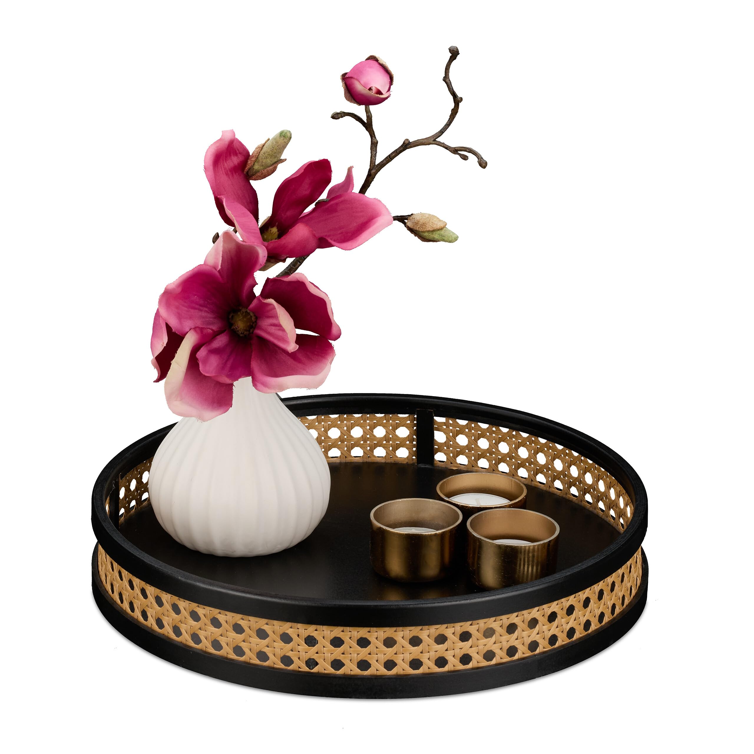 Relaxdays Decor Tray, Rattan Effect, HxD 5.5 x 30 cm, Round Catch All for Candles, Jewellery Holder, Black/Natural