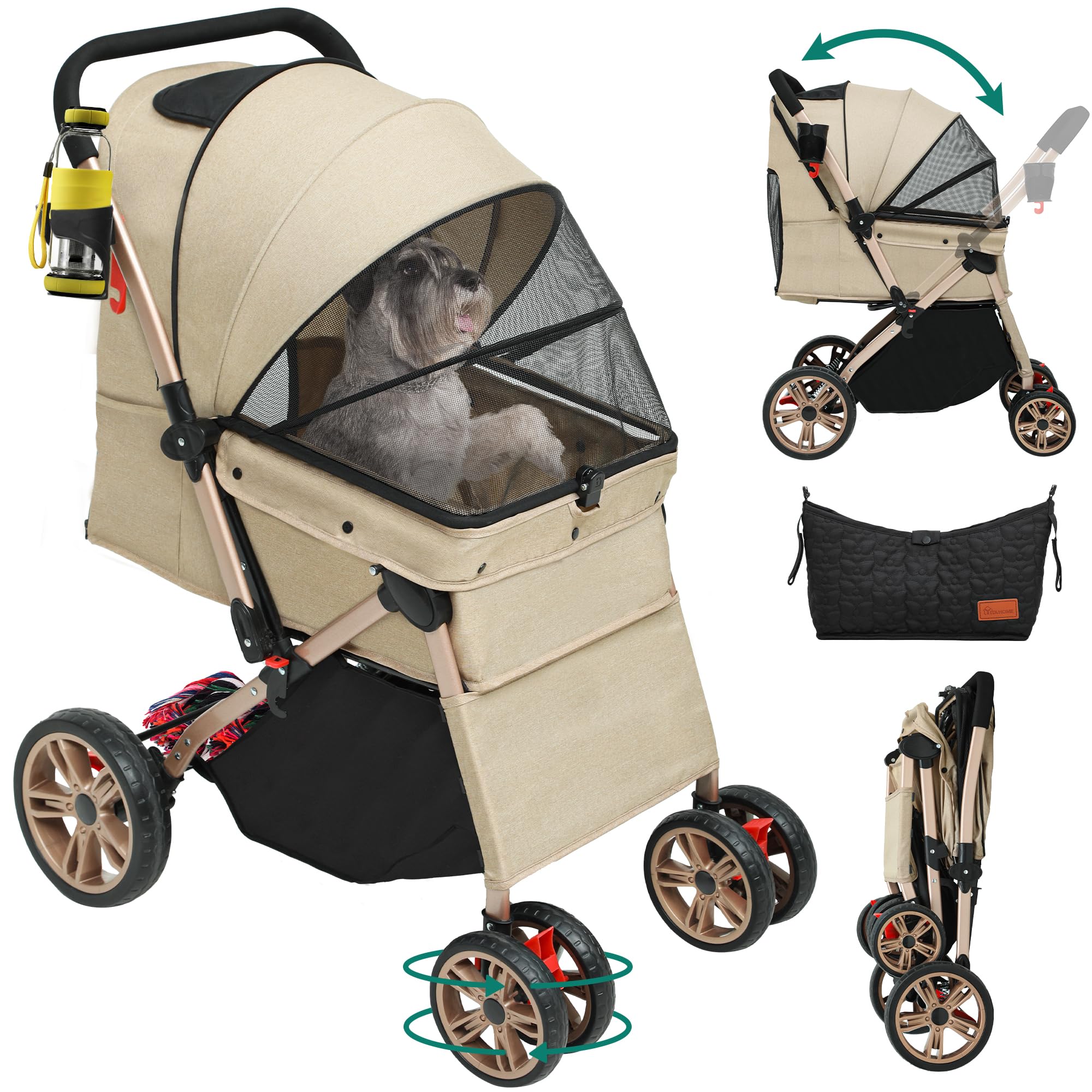 YITAHOME Carro Perro, Carrito para Perros, Cochecito de Viaje para Perros Gatos Mascotas, con Cesta de Almacenamiento, Plegable Carro para Perros, Portátil Cochecito Perro, Mascotas Jogger (Beige)