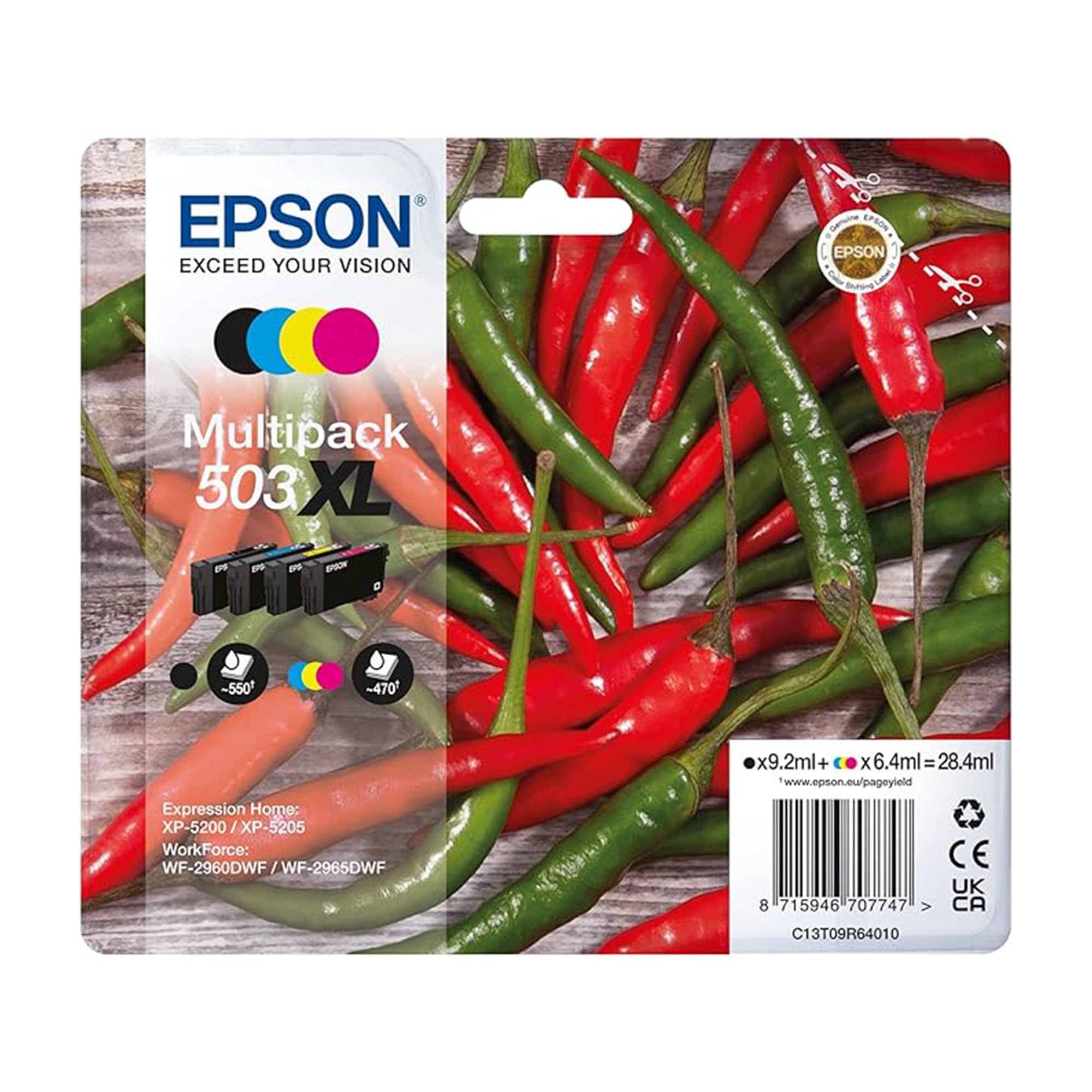 Epson 503XL Serie Peperoncini,Cartucce per stampante getto d'inchiostro, Multipack 4 colori (Nero, Ciano, Magenta, Giallo), Formato XL, Stampe affidabili casa e ufficio, Confezione Retail,C13T09R64010