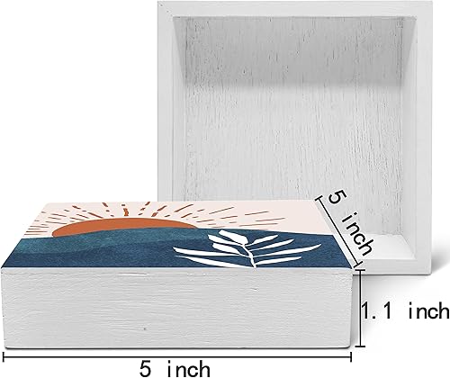 Miniatura 2 de SRADMO Caja de madera abstracta con hojas botánicas de sol y sol, sol, azul marino, montaña, caja de madera, decoración de escritorio, caja de