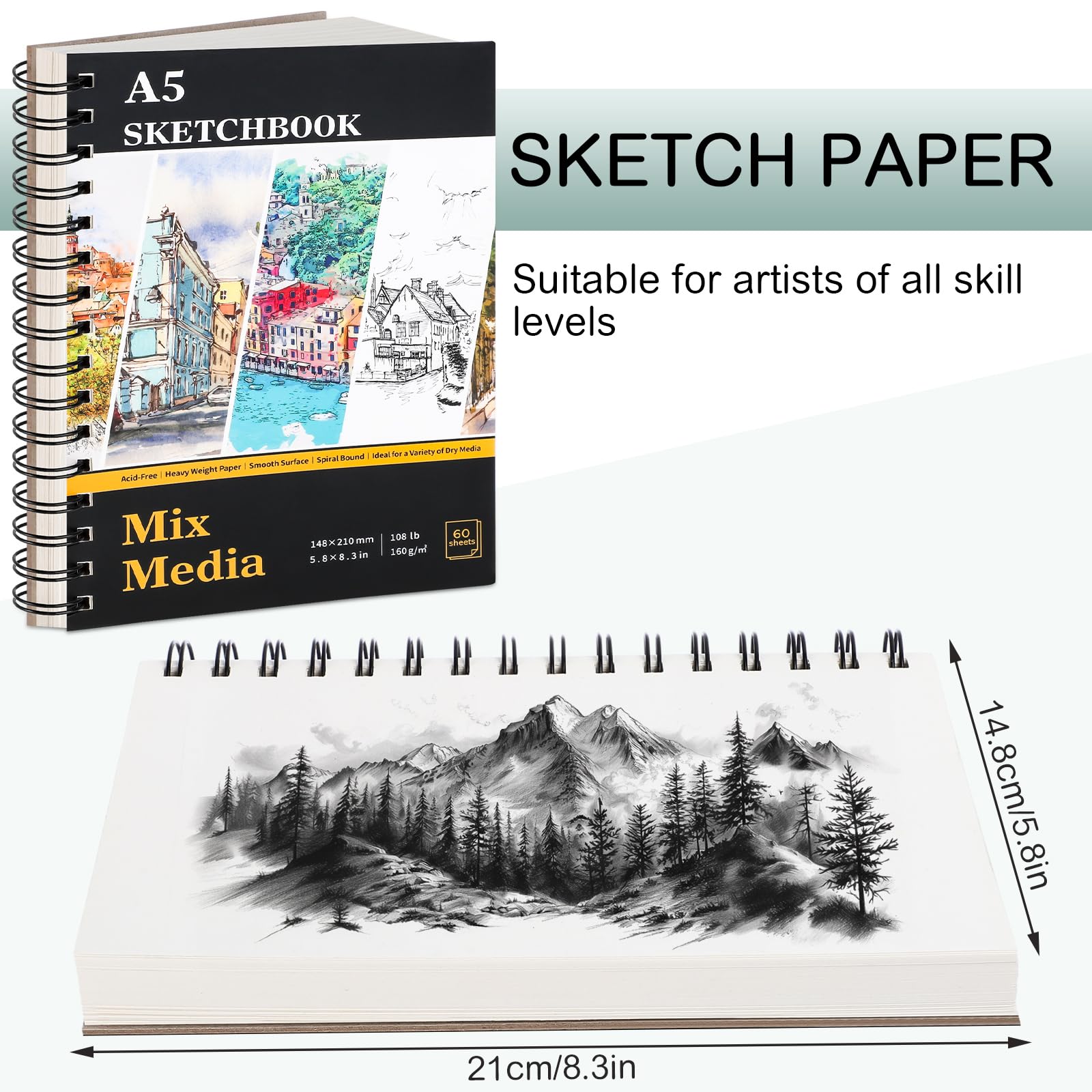 A5 Sketch Book, Mixed Media Sketchbook 60 Sheets / 120 Pages, 160GSM, Spiral Artist Sketch Pad for Sketching Drawing, Pastel - Image 2