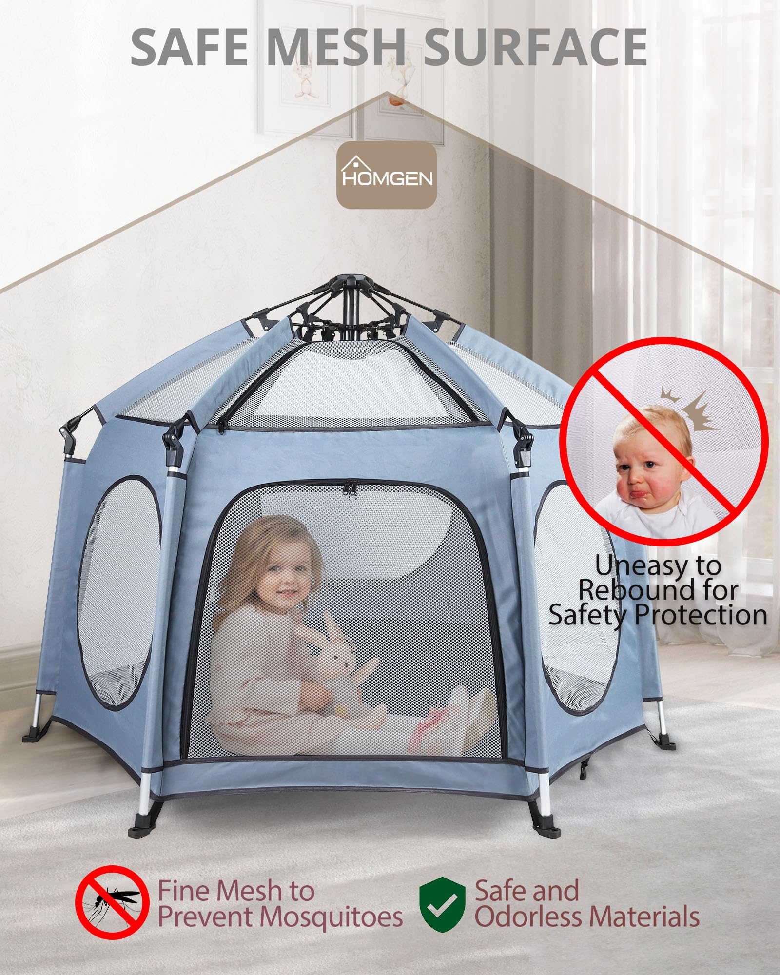 HOMGEN Parc de jeu pliable 144 x 103 cm avec 3 housses UV amovibles en tissu Oxford 450D pour bébé - Portable 2 en 1 - Pop Up - Robuste - En maille - Pour plage, parc, maison