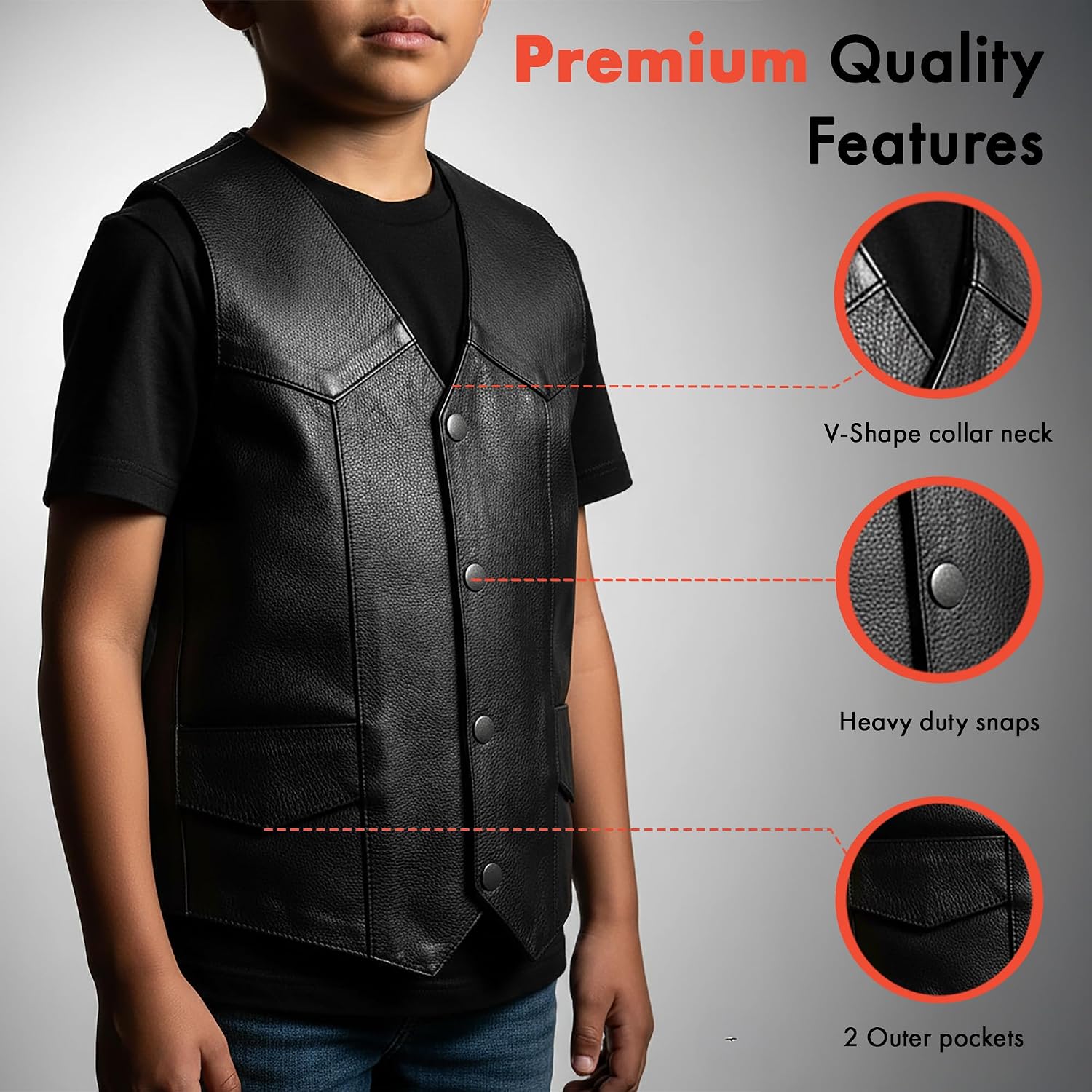 Daniel Smart Leather Vests for Kids Premium Cowhide Black Leather Vest with Unique V-Neck Design & Multiple Pockets