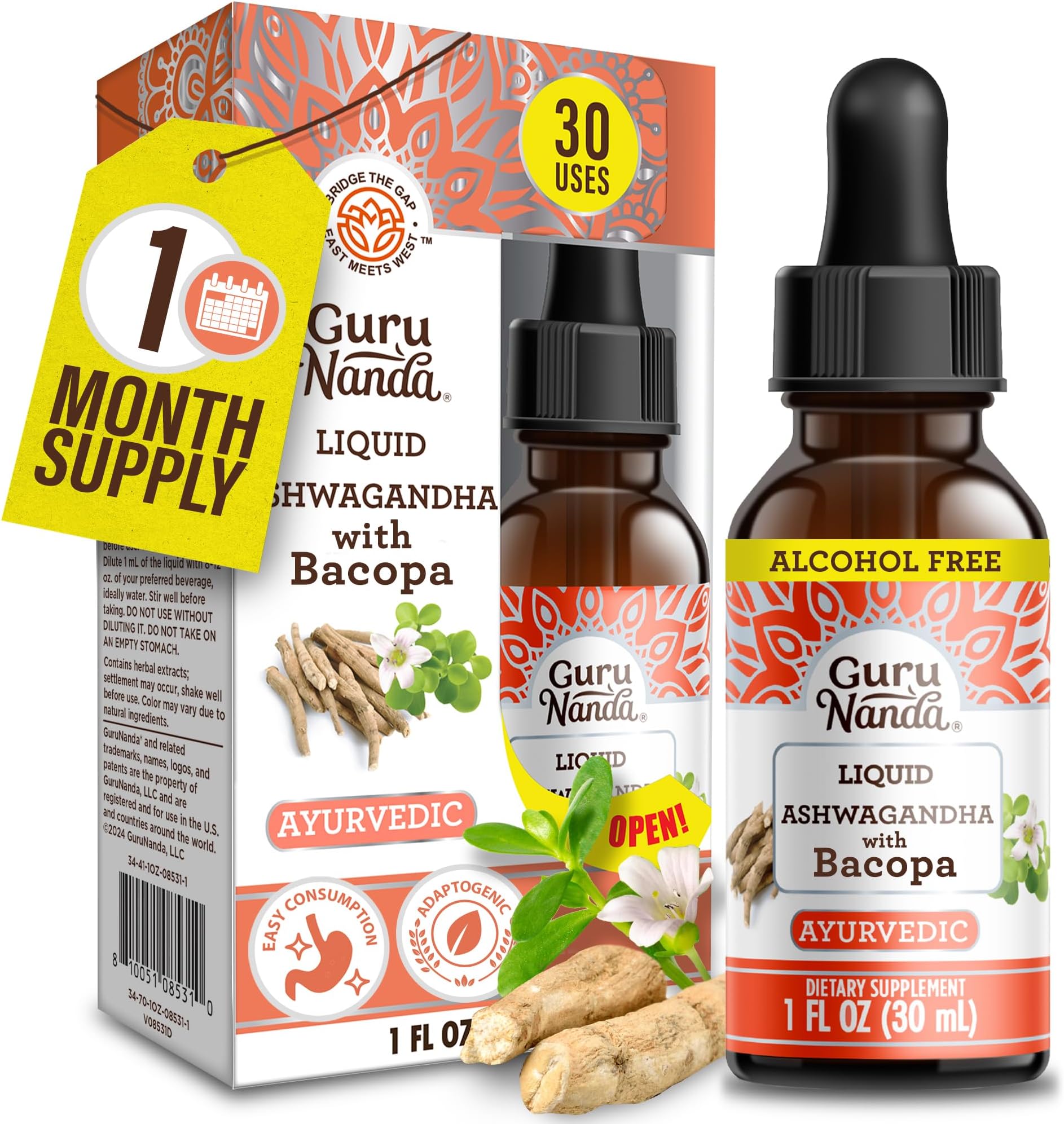 GuruNanda Liquid Ashwagandha with Bacopa (1 Fl Oz) - Natural Dietary Supplement- Liquid Extract Drops - for Men & Women- Vegan & Alcohol-Free - Aids in Immune, Focus & Relaxation Support