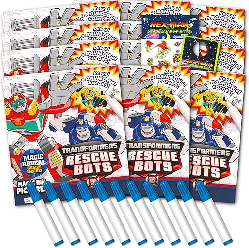 Transformers Rescue Bots Imagine - Juego de 12 libros para colorear de tinta mágica sin ensuciar con bots de rescate con calcomanías de Rex-Man y