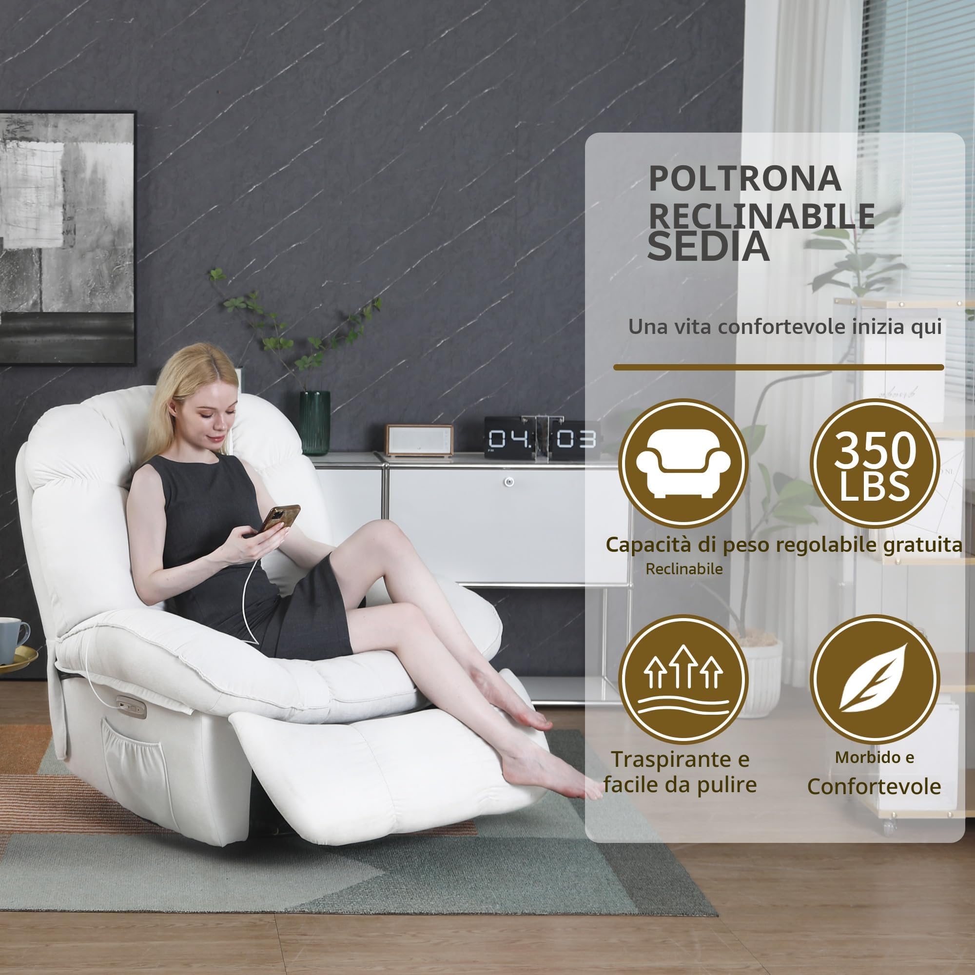 Poltrona Relax Elettriche, Poltrona Rilassante con Riscaldamento Massaggiante, con Porta di Ricarica USB-A e USB-C per Camera da Letto, Salotto, Sala Studio (Bianco)