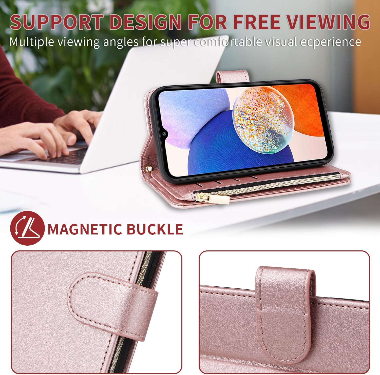 Wallet Case for Samsung Galaxy A15 5G/4G with Wrist Strap Crossbody Shoulder Strap Zipper Flip Purse Card Holder Slots Protector Stand Cell Accessories Phone Cover A 15 G5 15A Girls Pink