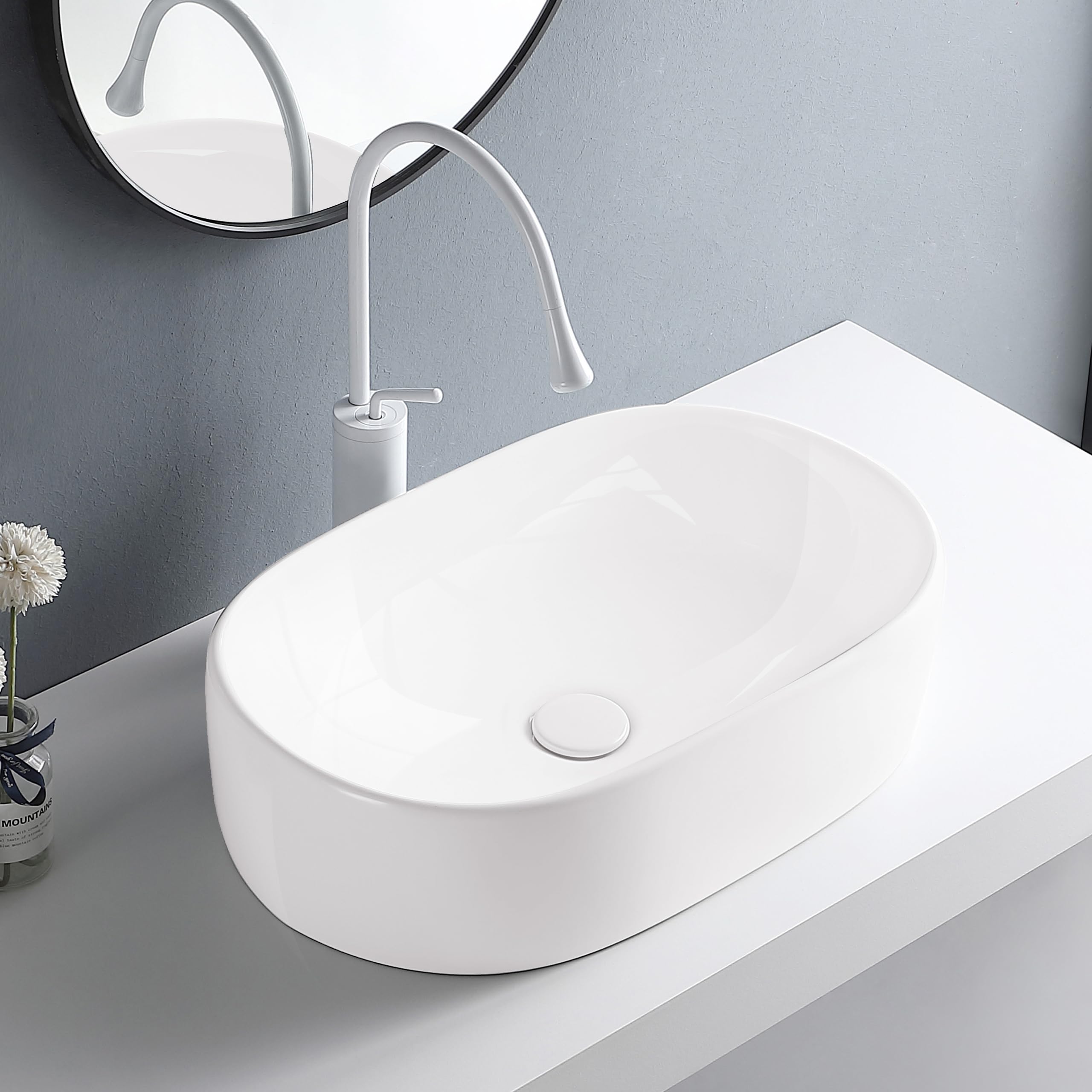 AQUAUNO - Lavabo da appoggio RITA 56 x 35,5 cm, ovale, in ceramica bianca, senza foro per rubinetto e troppopieno, in ceramica sanitaria