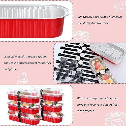 Miniatura 3 de JuneHeart Mini moldes para pan con tapas y cucharas, paquete de 100, rojo, 6.8 onzas, moldes rectangulares de papel de aluminio para hornear