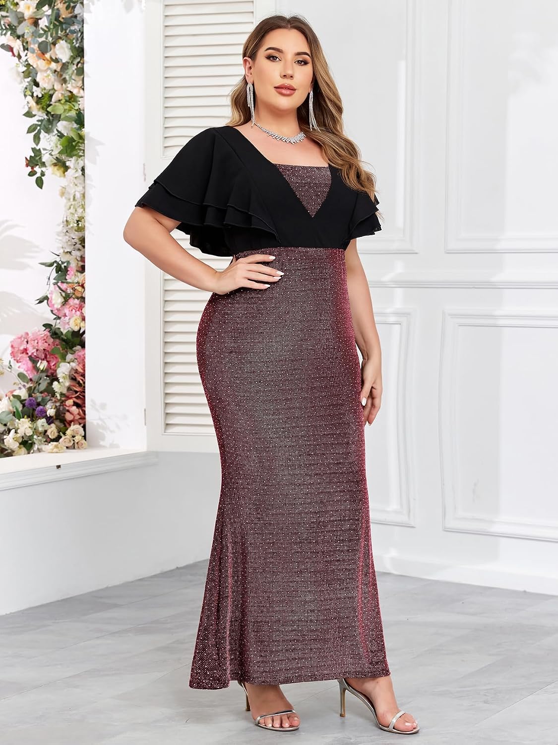 ZOMVA Women's Plus Size Sparkly Maxi Dress Ruffle Short Sleeve Bodycon Mermaid Gown Formal Cocktail Party Club Evening, Red, 1X