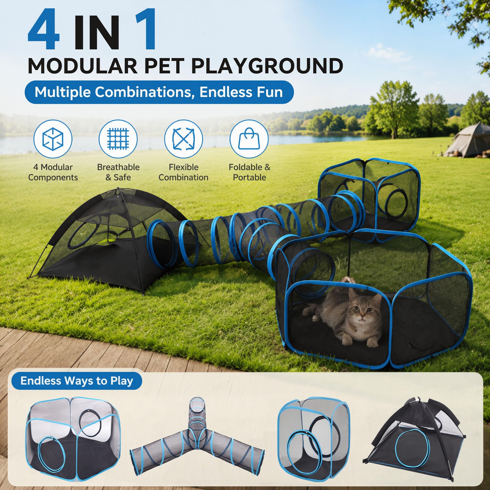 4 in 1 Katzentunnel und Katzenzelt, Outdoor Katzengehege für drinnen und draußen, Pop Up Katzenlaufstall mit anschließbaren Katzentunneln für Katzen, Kaninchen & Kleintiere