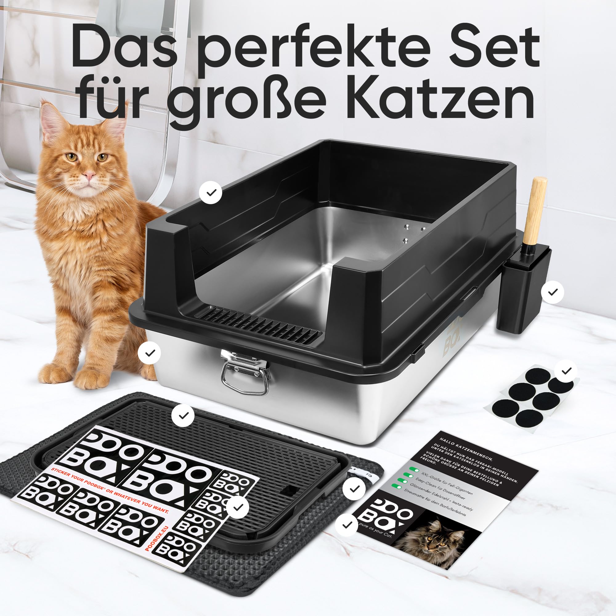 Katzenklo Edelstahl XXL, 70x50, schwarz für große Katzen, Zubehör | auslaufsicher, Maine Coon, geruchsarm, Schaufel, Matte und Stufe, einfache Reinigung, hygienisch, Mehrkatzenhaushalt