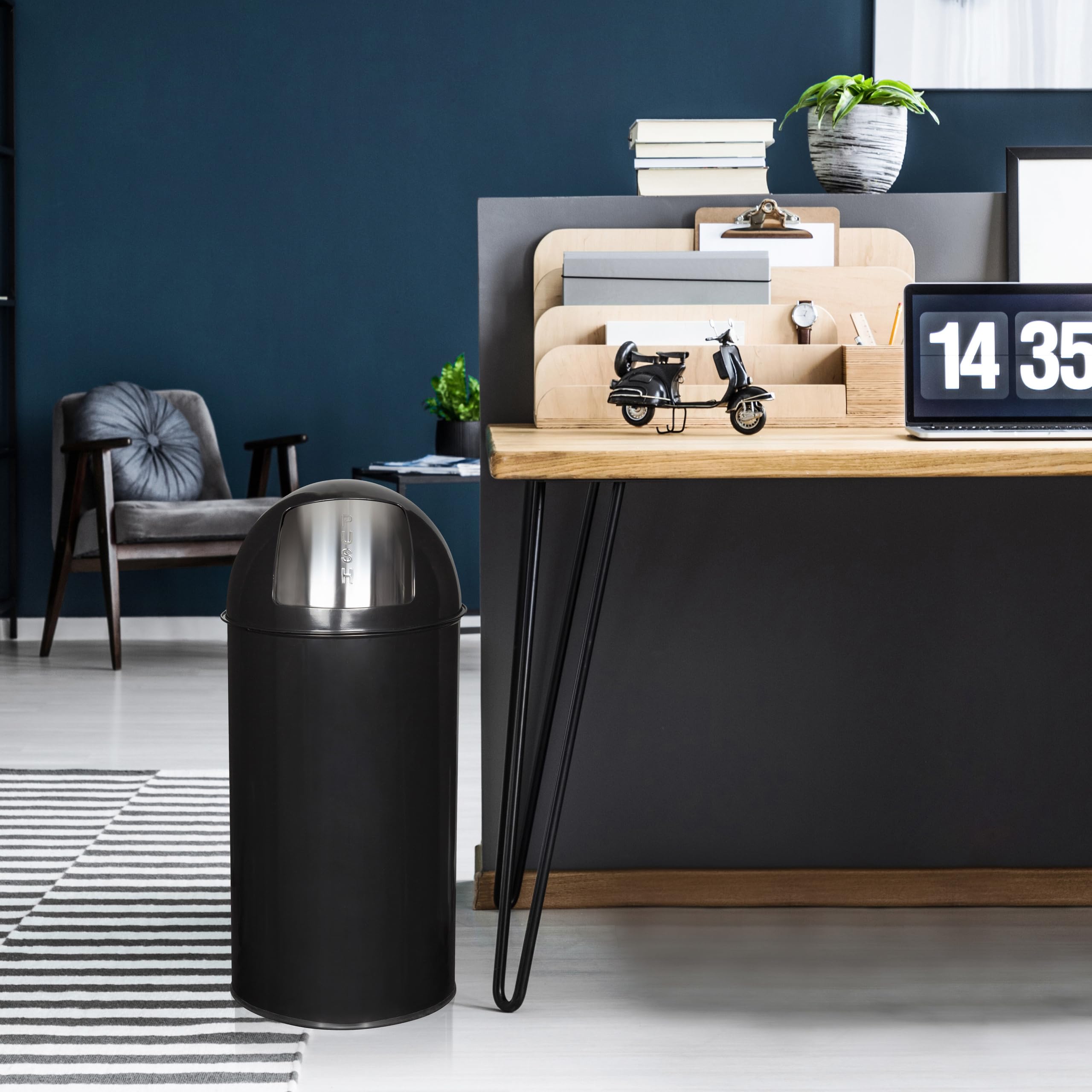 hjh OFFICE 741008 Poubelle XXL PUSH 50L noir Collecteur de déchets rétro avec clapet à poussoir