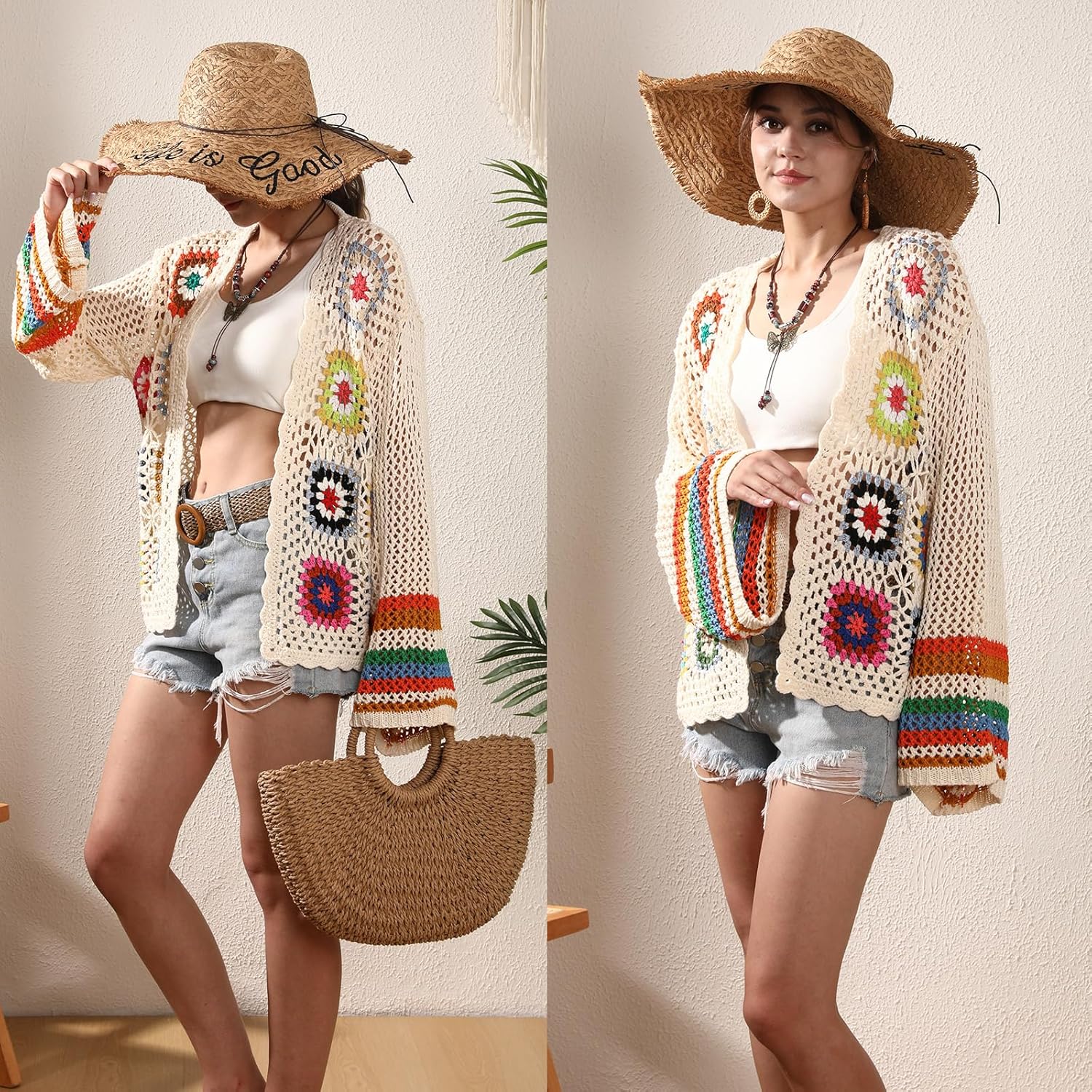 SMDPPWDBB Women's Crochet Open Front Floral Cardigan Colorful Striped Flared Long Sleeves Hollow Out Shrug Sweater