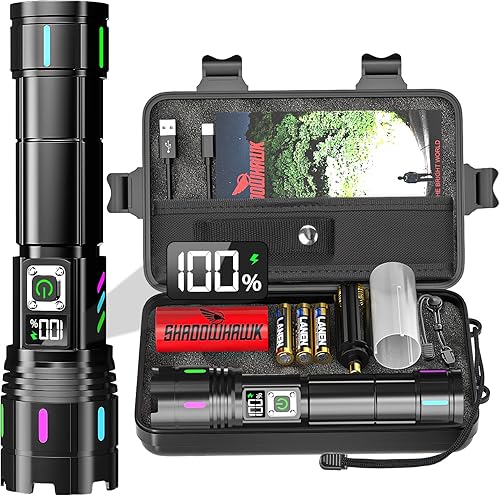 Linterna recargable de 1000000 lúmenes altos, luz LED súper brillante de 30 W con pantalla LCD, haz de 3937 pies y 12 horas de larga duración USB C