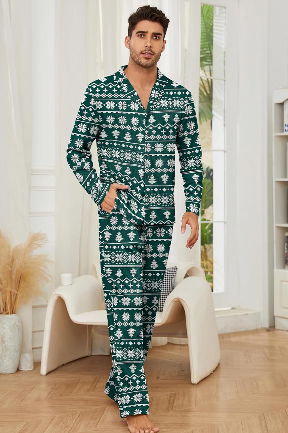 Andeip Men's Pajama Set Waffle Knit Lounge Pjs Set Long Sleeve Top and Pants Sleepwear 2 Piece Button Down Loungewear - Image 2