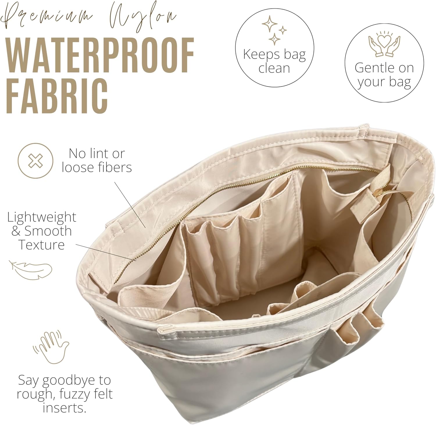 Divitize Luxe Waterproof Nylon Organizer compatible with Tote Bag Organizer Insert — Perfect Fit, Full Coverage & Secure Top Cover, No Bulky, +24 Colors (Beige, Large)