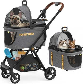 PAWZIDEA 4-in-1 Pet Stroller for Small Medium Dogs & Cats, Foldable Dog Stroller with Detachable Carrier, Escape-Proof No-Zip Canopy, Lightweight Portable Travel Crate & Car Seat Combo, Storage Basket