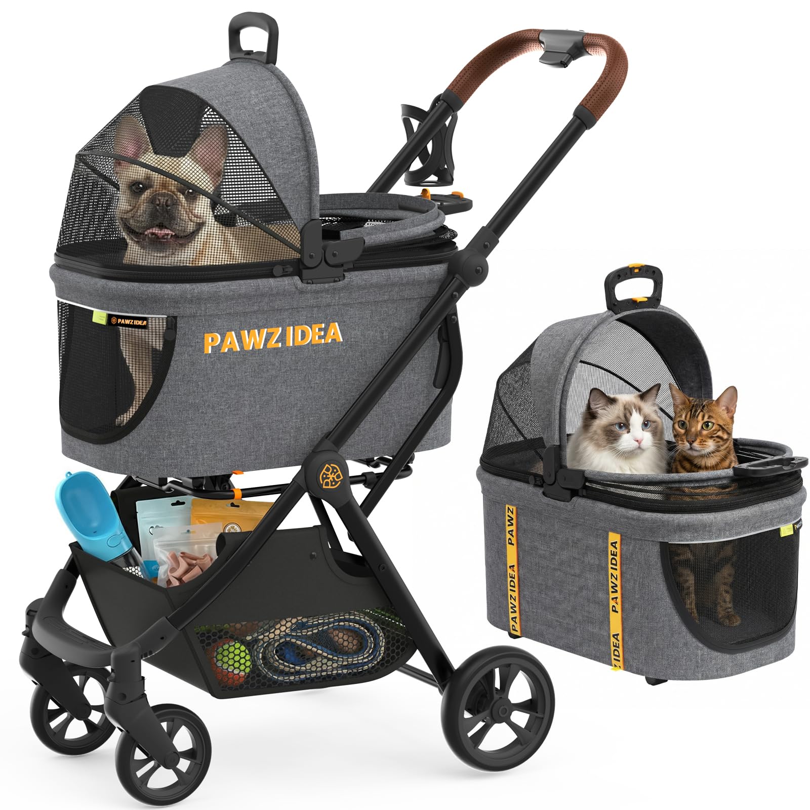 PAWZIDEA Pet Stroller 4-in-1, Foldable Dog Stroller with Detachable Carrier for Small Medium Dogs & Cats, Escape-Proof No-Zip Canopy, Lightweight
