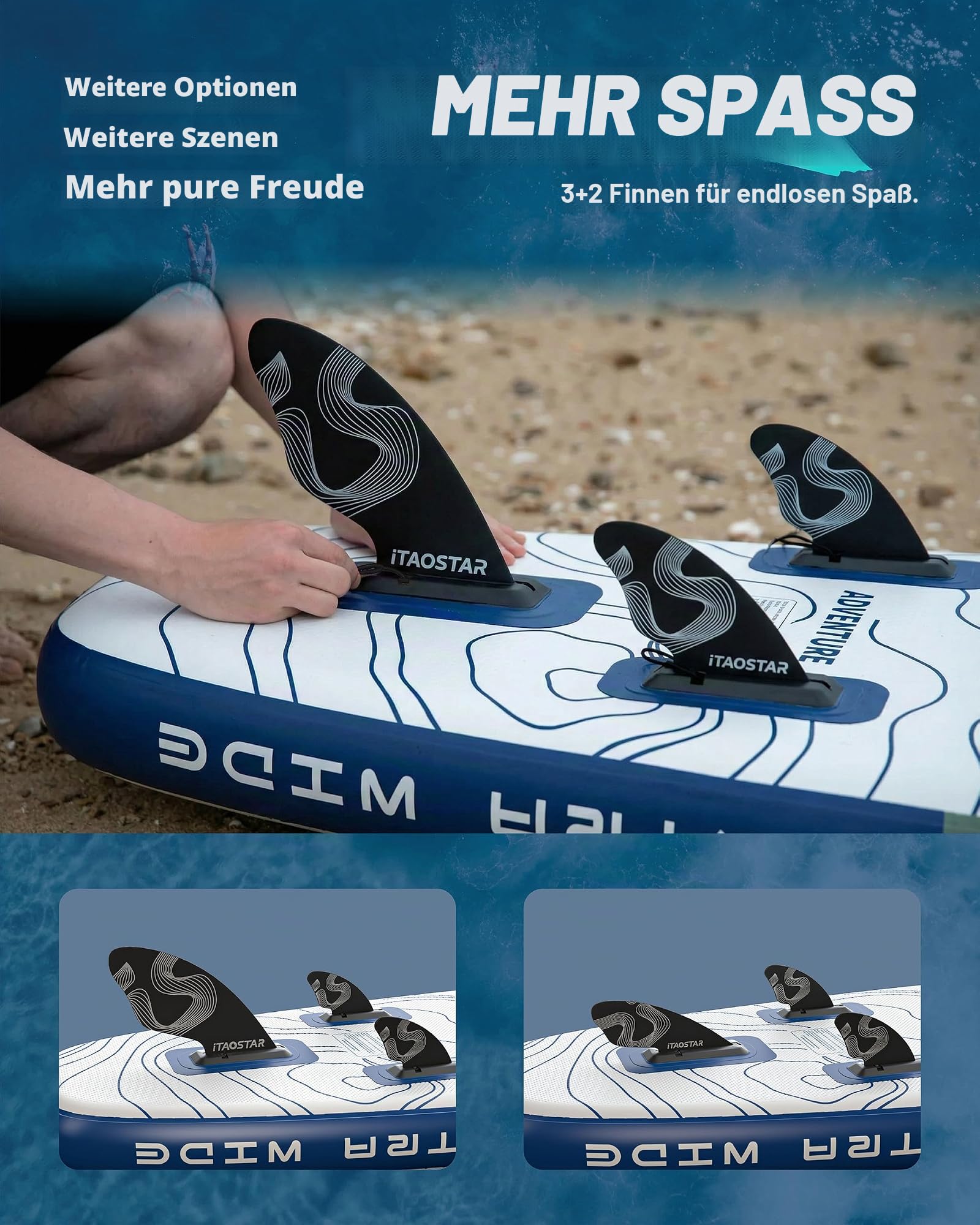 iTAOSTAR Adventure 365×88/99cm extra breites Paddleboard mit Sitz, One-Stop-Premium-SUP-Board-Zubehör, maßgeschneiderte 5 Finnen, stabile aufblasbare Stand Up Paddleboards für Jugendliche/Erwachsene