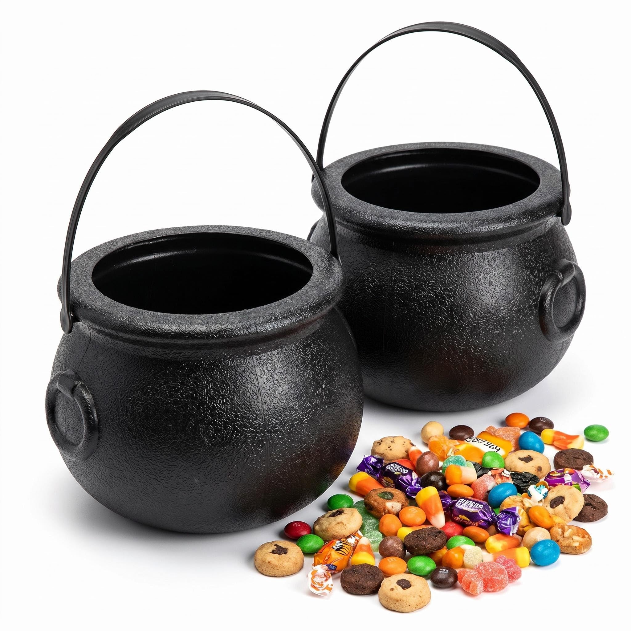 2 Pack Extra Large Witch Cauldron for Halloween 20cm Black Plastic Cauldrons Candy Bucket with Handle for Trick or Treat Goody Bag Fillers Party Favours Cauldron Kettle Cup for Sweets Halloween Decor