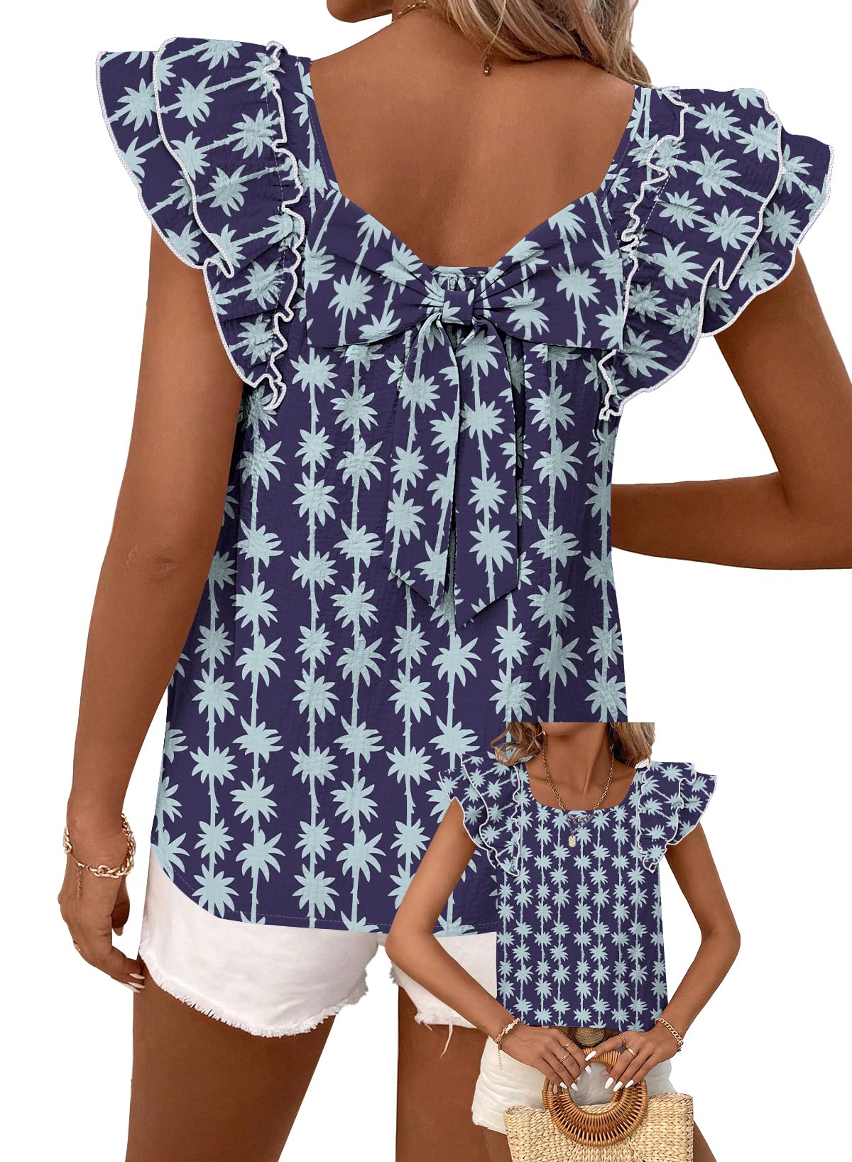 Falechay Womens Bow Tie Back Tops Babydoll Vneck Ruffle Short Sleeve Shirts