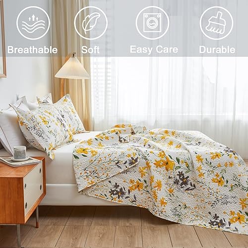 Miniatura 5 de Jarson Juego de edredón floral de 3 piezas, tamaño individual, colcha ligera estilo campestre para primavera y verano, juego de ropa de cama
