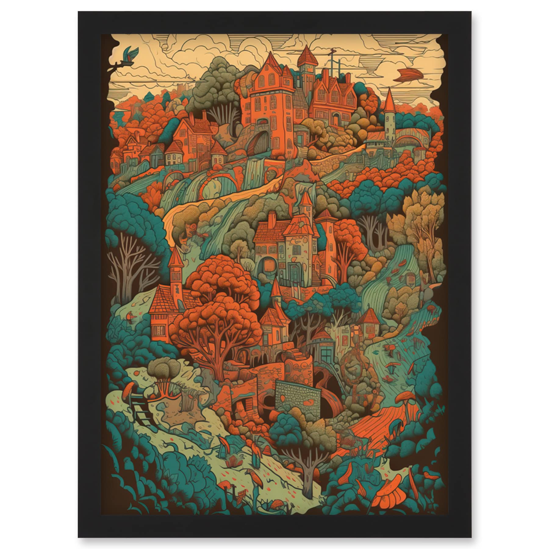Artery8 Village In Forest Coral And Teal Blue Illustration Wall Art PrintA4 Size from B&Q