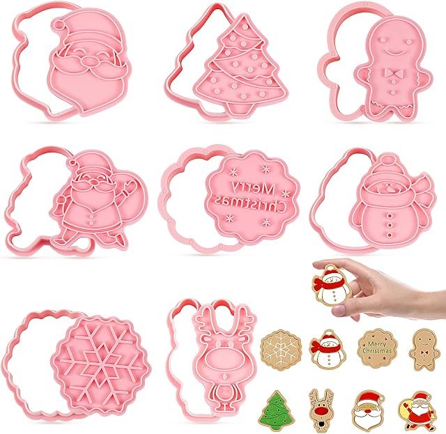 Dreamtop Christmas Plastic Cookie Cutters 8PCS 3D Pressable Christmas Biscuit Cutters Set Xmas Embossed Stamped Pastry Cutters Christmas Plastic Cookie Stamp for Kitchen Bakeware