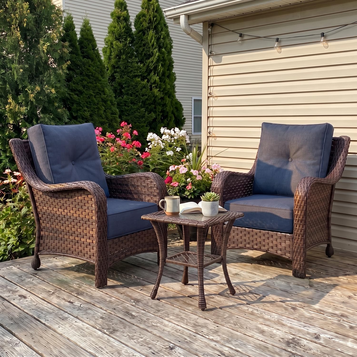 LayinSun 3 Piece Wicker Outdoor Furniture Set with 6-inch Comfy Cushions