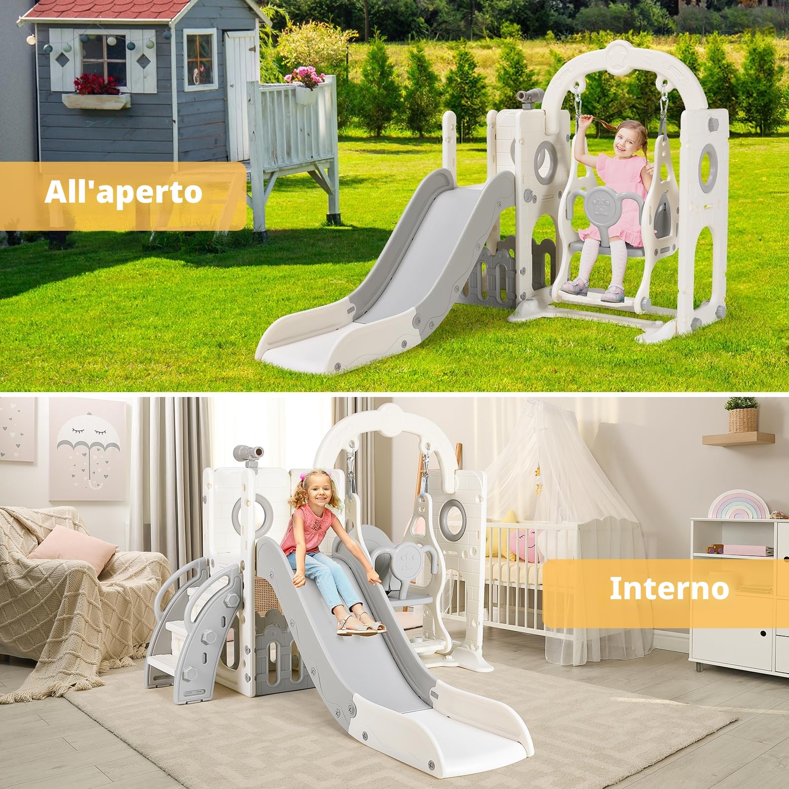 Scivolo per Bambini, Toddler Climber Swing Set, 5 in 1 Parco Giochi, con Altalena, Scivolo, Scala da Arrampicata, Telescopio, Deposito, Set di Giochi per Interni all'aperto, Scivolo Indipendente