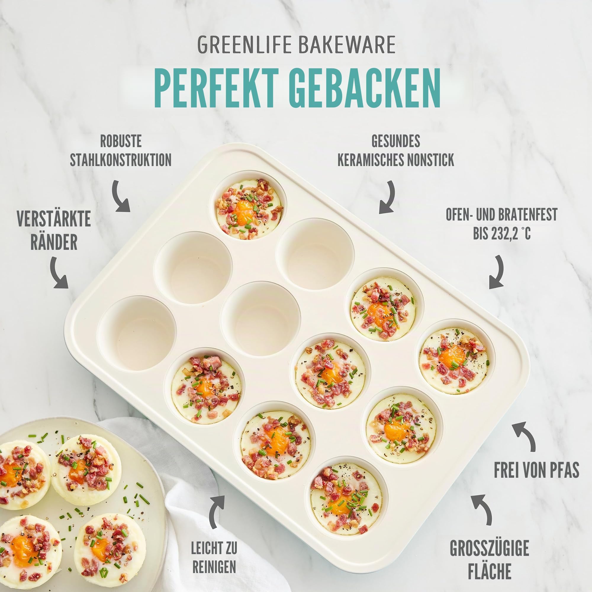 GreenLife 6-teiliges Antihaft-Backformen-Set, ungiftig, PFAS-freie Keramik, Ofenpfannen, spülmaschinen- und ofenfest bis 230 °C, leicht zu lösen, Backblech, Kastenform, rechteckiger und runder Kuchen