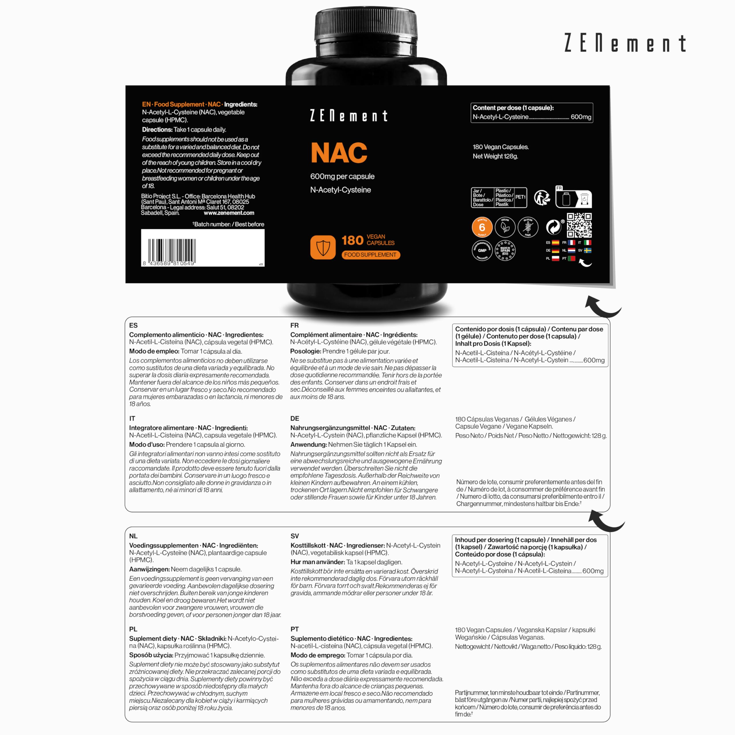 NAC N-Acetilcisteina 600 mg - 180 Capsule Vegane | Scorta per 6 Mesi | Alta Purezza e Biodisponibilità | Senza Additivi | Vegano | Zenement