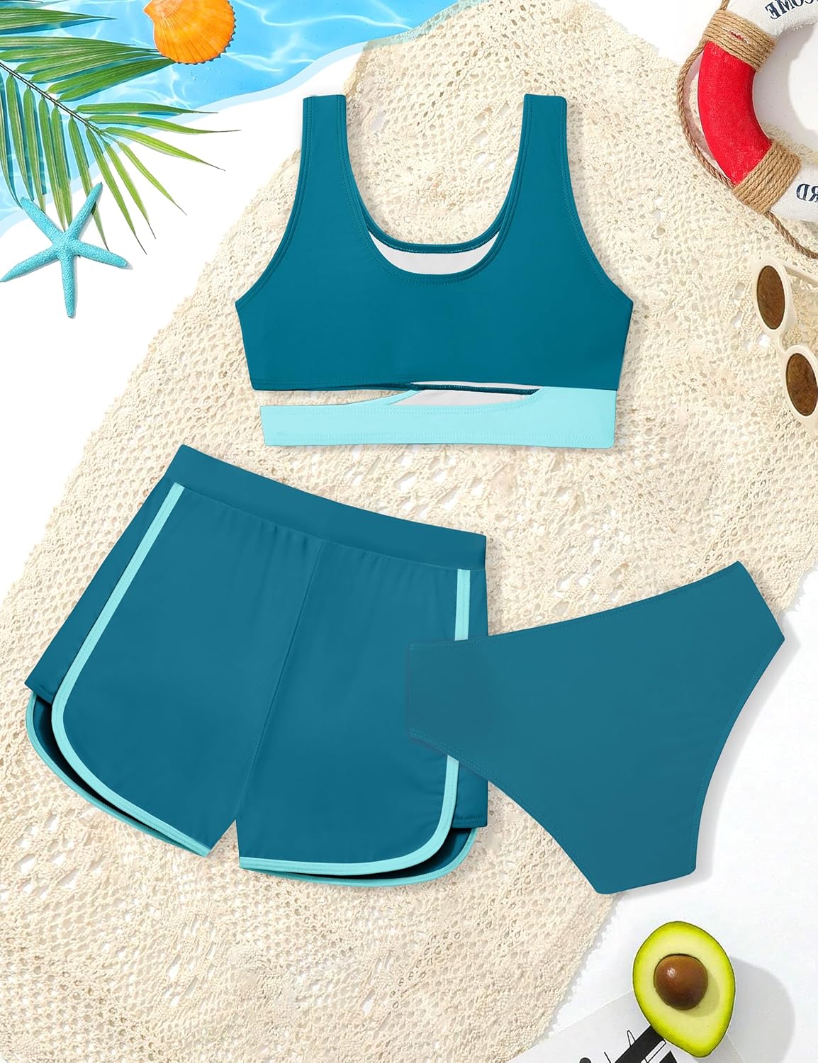 NECIOUS Girls Swimsuit Bikini Set, 3 Piece Girl Bathing Suits Color Block Cutout Swimwear with Shorts Size 7 Size 8 Green - Image 6