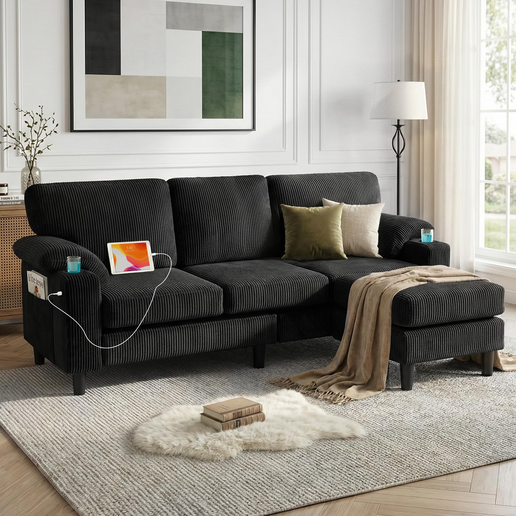 QSQG 80'' Convertible Sectional Sofa, 3-Seater L Shaped Couch(Black) | USB Charging Ports, Storage Ottoman, Cup Holder, Armrest Pillows, Corduroy Fabric for Living Room, Apartment and Small Space