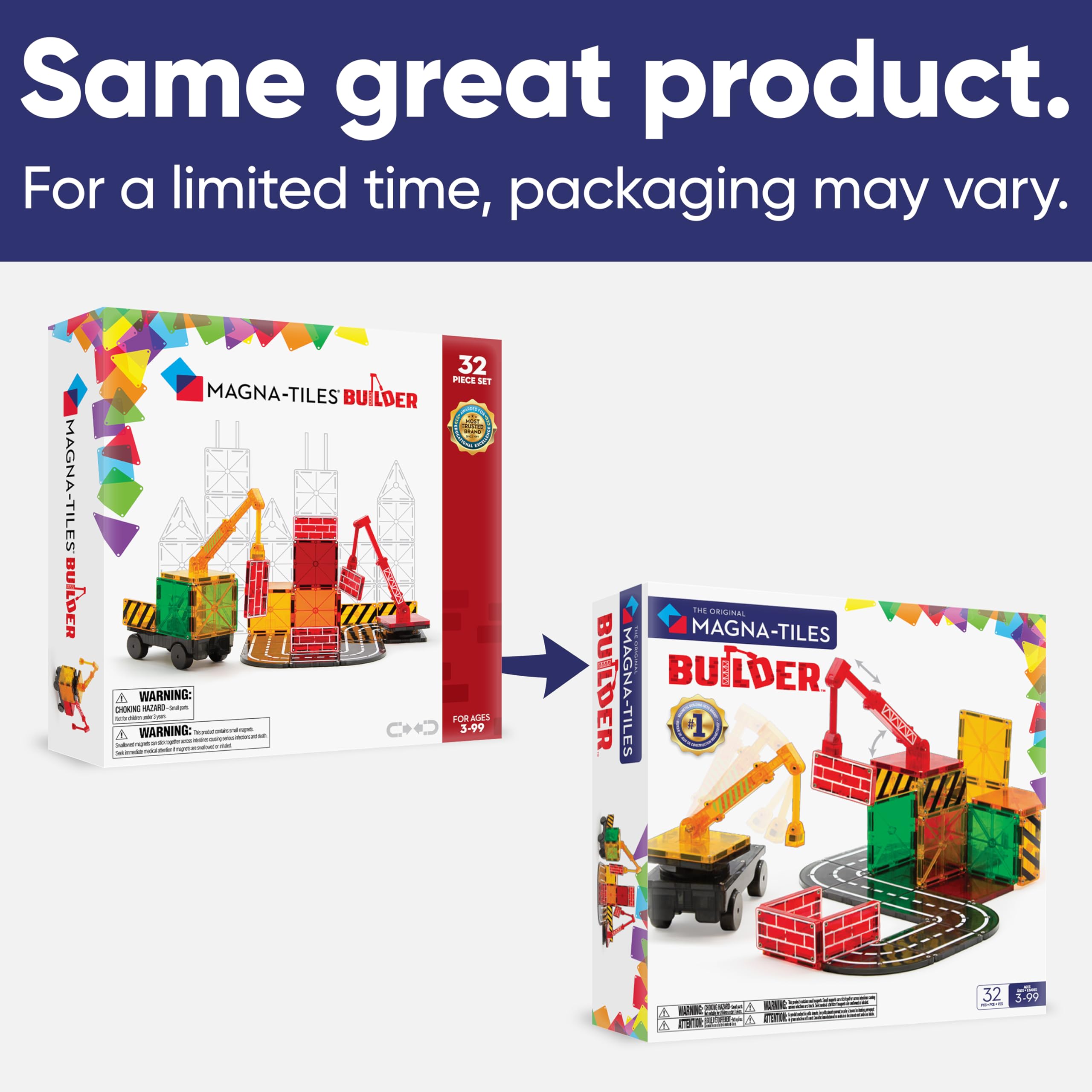 Magna-Tiles Builder 32‑teiliges Magnetbaukasten mit Straßenplatten, Kran und Fahrzeug, ab 3 Jahren, STEAM-Spielzeug zum kreativen Bauen, kompatibel Sets
