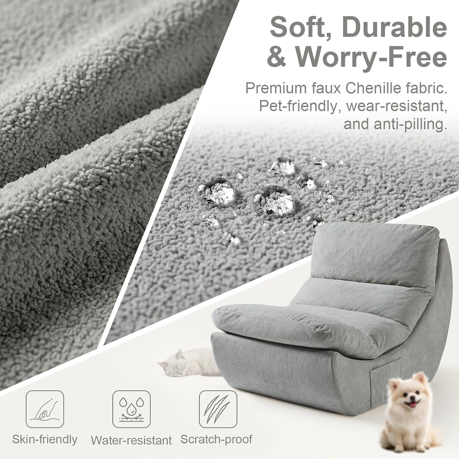 Reading Chairs for Adults, Bean Bag Chairs for Adults, Boneless Chaise Lounge with High Rebound Foam, Machine Washable & Scratch-Resistant Fabric, Fit Living Room & Game Room, 500-lb Capacity, Grey
