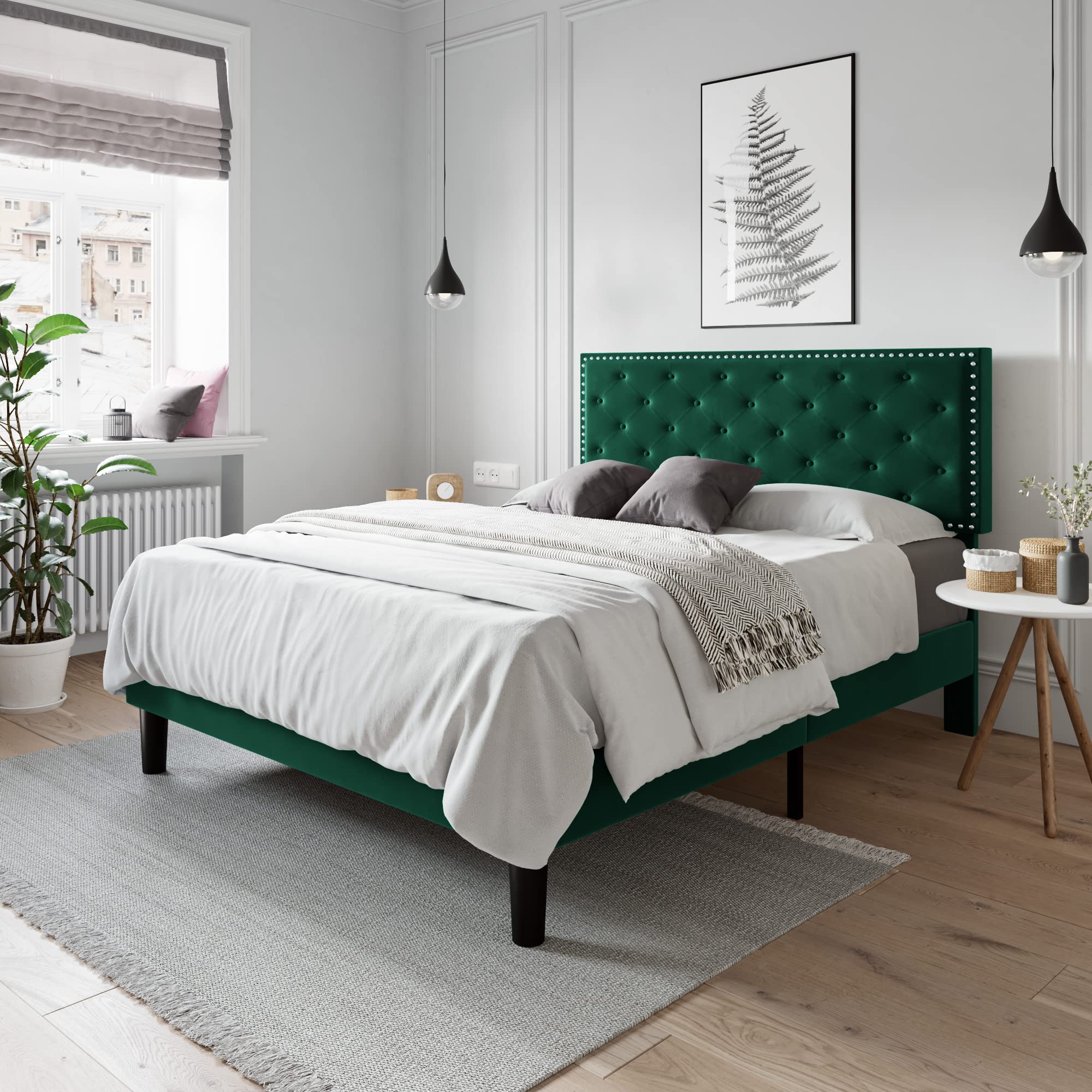 Allewie Queen Size Velvet Upholstered Platform Bed Frame with Adjustable Diamond Button Tufted and Nailhead Trim Headboard, Wood Slat Support, Easy Assembly, No Box Spring Needed, Dark Green